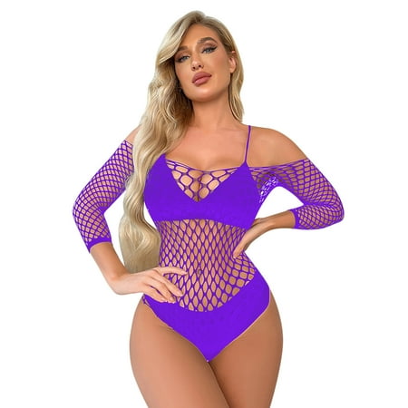 Midwennn Women Lingerie Long Sleeves Fishnet Bodysuit Sexy Mesh Teddy Underwear Lingerie Bra