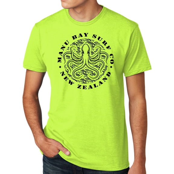 Manu Bay Surf Company BLACK OCTOPUS Mens High Visibility Surfing T-shirt, Medium Neon Yellow