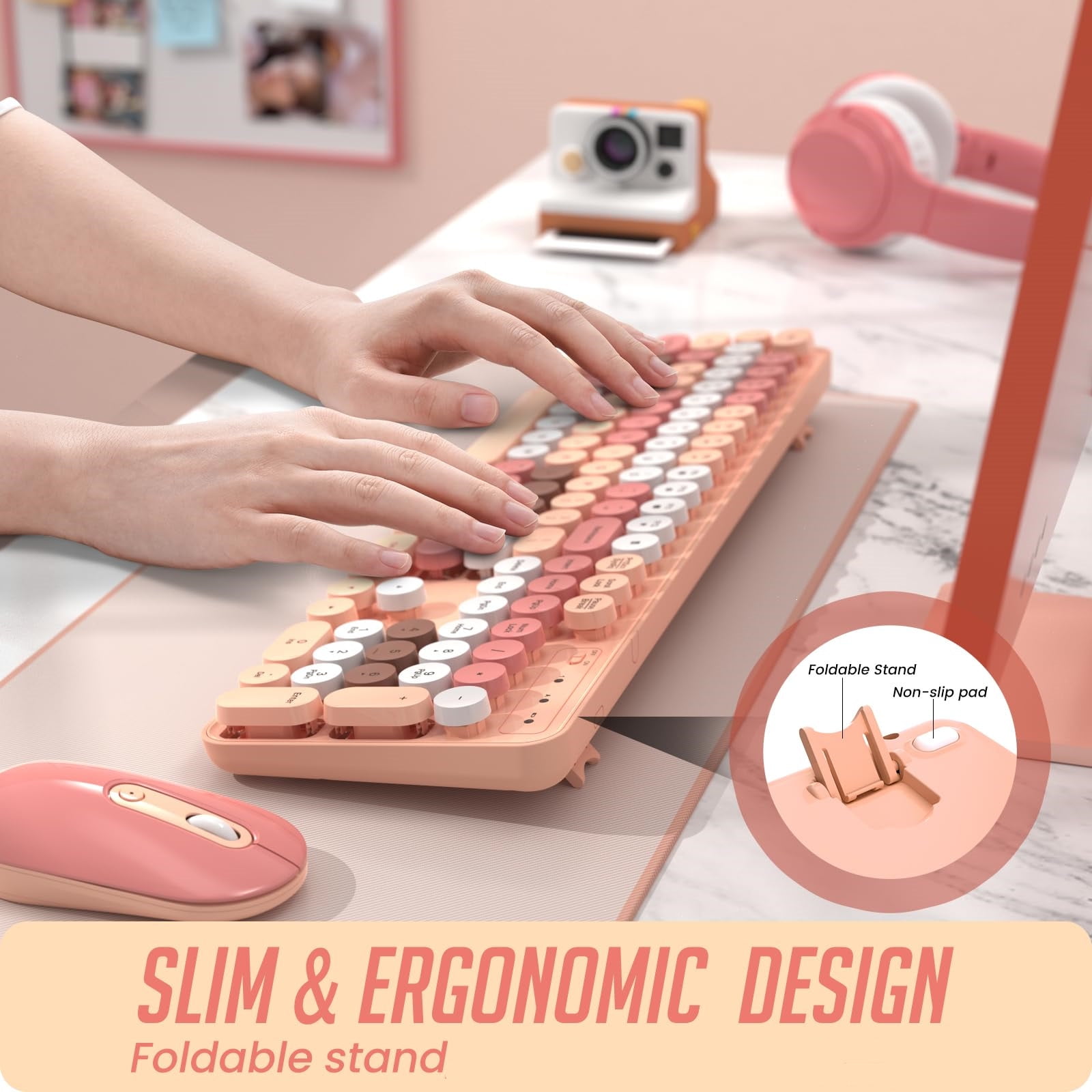 Wireless Keyboard and Mouse - Silent Keyboard Mouse Combo, Full Size Color Typewriter Keyboard with Round Keycaps, 2.4G Cute Mouse, Compatible with PC/Laptop/Computer