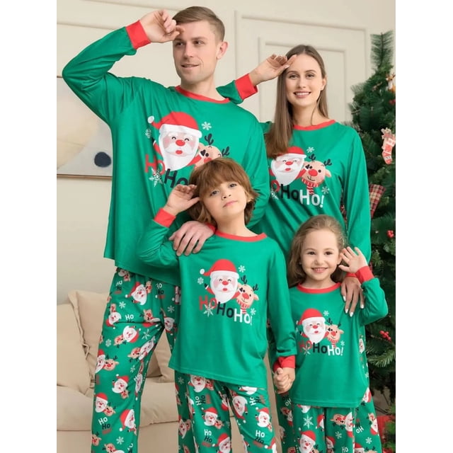 Conjunto de pijamas para niños, ropa de casa de algodón con dibujos animados de Navidad, color verde, Papá Noel, trajes de bebé
