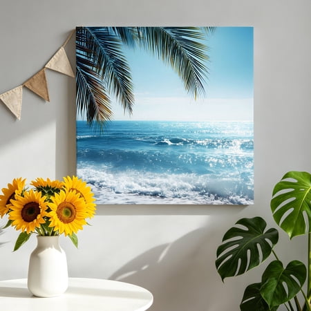 Summer Ocean Canvas Wall Art Seascape Blue Wave Green Tropical Pain Tree Pictures Wall Decor Wooden Framed Artwork Art Prints for Living Room Hallway Bedroom Office 12 x12