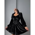 thumbnail image 3 of Women's Sweetheart Neck Velvet Mini Dress Lace Up Bubble Long Sleeve Off Shoulder Slim Evening Party Dress, 3 of 8