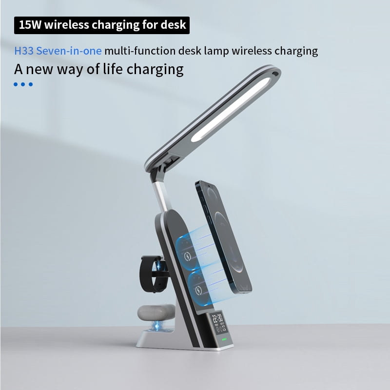 7-in-1 Smart Wireless Charging Station with Eye-Care Desk Lamp & Digital Alarm Clock, 15W Fast Charger for iPhone17/ 16/15/14/13, Apple Watch 1-9/Ultra/SE, AirPods Pro, 180° Foldable Desktop Organiz