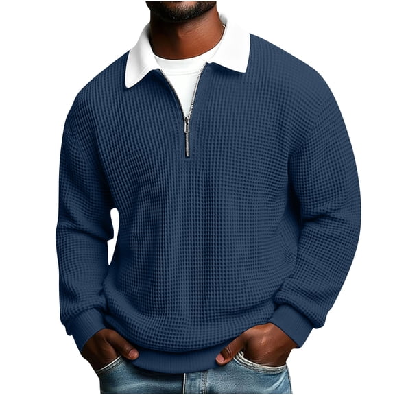 cocolona Mens Quarter Zip Pullover Tops Long Sleeve Turndown Collar Color Block Shirts Fall Fashion Casual Loose Textured Sweatshirt
