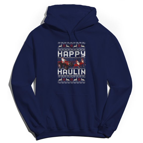 Christmas Holiday Happy Haulin' Graphic Navy Men's Cotton Pullover Hoodie