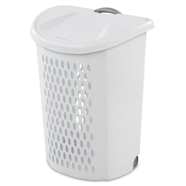 White Sterilite 70L Ultra Wheeler laundry hamper with oval ventilation holes, hinged lid, and rear wheels for easy mobility.