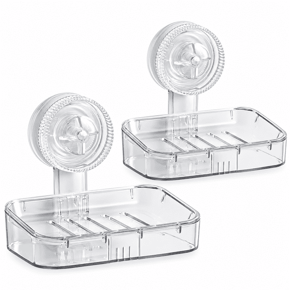 Suction Cup Soap Holder with Hook, Plastic Soap Dish Tray for Shower, Bathroom and Kitchen Sink, Clear