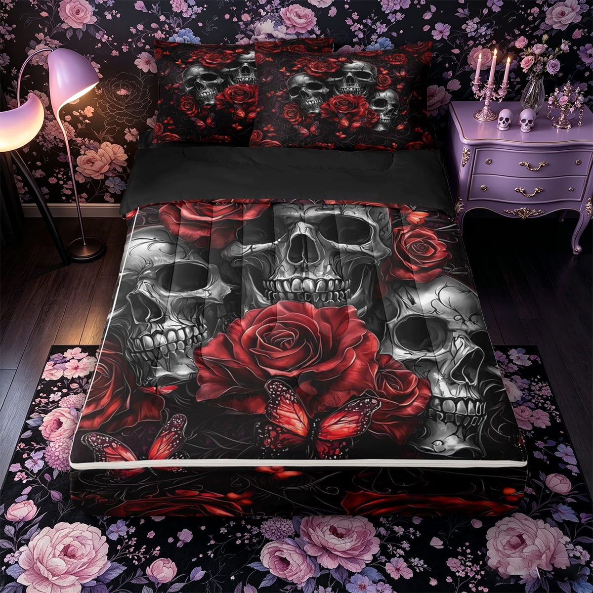 Castle Fairy Spooky Rose Zipper Full Size Comforter Sets with Fitted Sheet and 2 Pillowcases Boho Skull Butterfly Zipper Bedding Set Crimson Black 4pcs Black Reversible