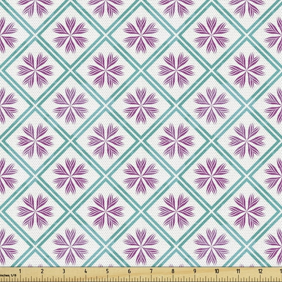 Abstract Fabric by the Yard, Ornamental Design of Flower Like Motifs in Square Formations, Decorative Upholstery Fabric for Sofas and Home Accents, Pale Purple Turquoise by Ambesonne