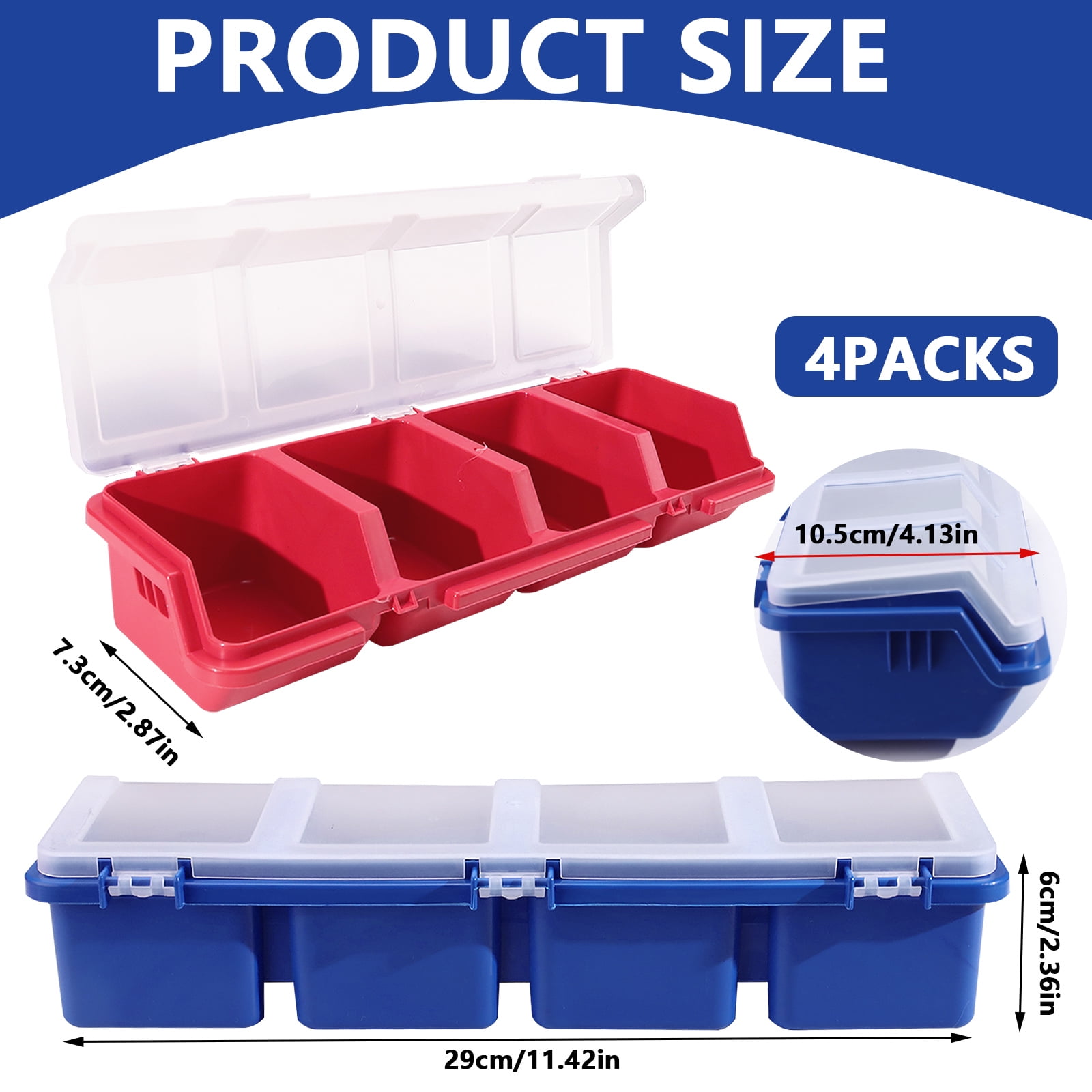 4 Pack Plastic Screw Organizer Box, 4 Compartments Bolt Bin with Lid, Stackable Hardware Storage Case for Garage Organization Parts Nail Workbench (Blue, Red)