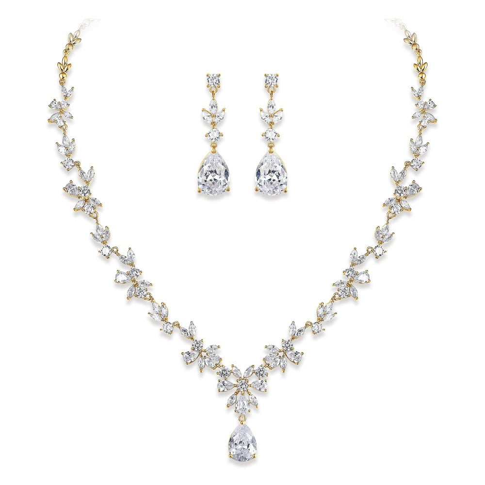 Wedding Jewelry Sets for Women Bridesmaids Brides Rose Gold Plated Gorgeous Floral Marquise CZ Necklace Dangle Earrings Set for Bridal Prom