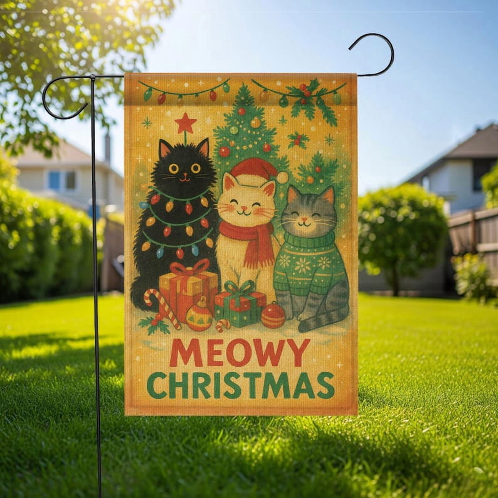 TiniDecor Meowy Christmas Garden Flag – 28”x40” Cute Cat Design, Holiday Outdoor Yard Décor