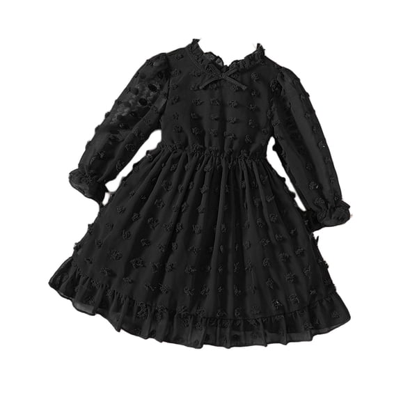 Zwiiyzr 3-8 Years Toddler Girls Spring And Fall Jacquards Polka Dots Ruffled Edges Round Neck Bow Long Sleeve Dress Black