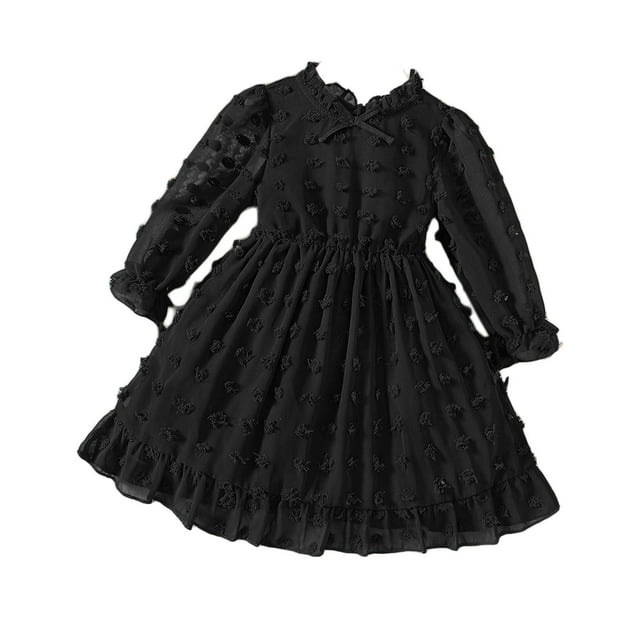 Birdeem (3-8 Ans) Filles Modèles Printemps et Automne Femmes Jacquards Pois Bords Volants Col Rond Nœud Manches Longues Ensemble Robe
