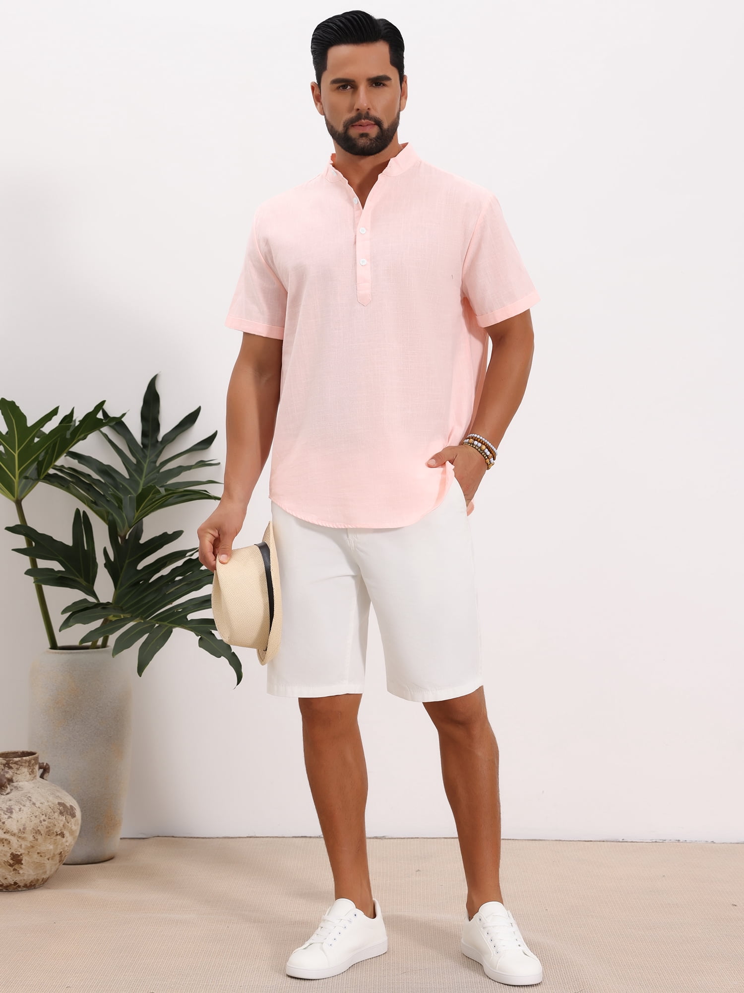 DARING DIVA Men's Solid Color Stand Collar Short Sleeve Henley Shirts XL Pink