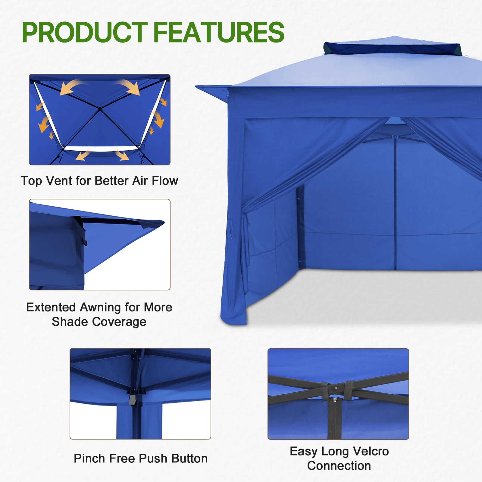 COOS BAY 11x11 Pop-up Instant Gazebo Tent with 4 Sidewalls Outdoor Canopy Shelter,Blue