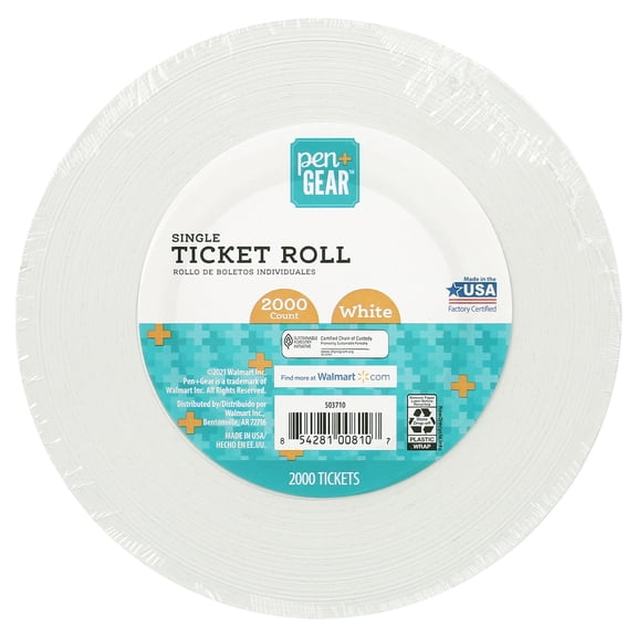 Pen+Gear White Single Raffle Ticket Roll, Numbered, 2000 Count