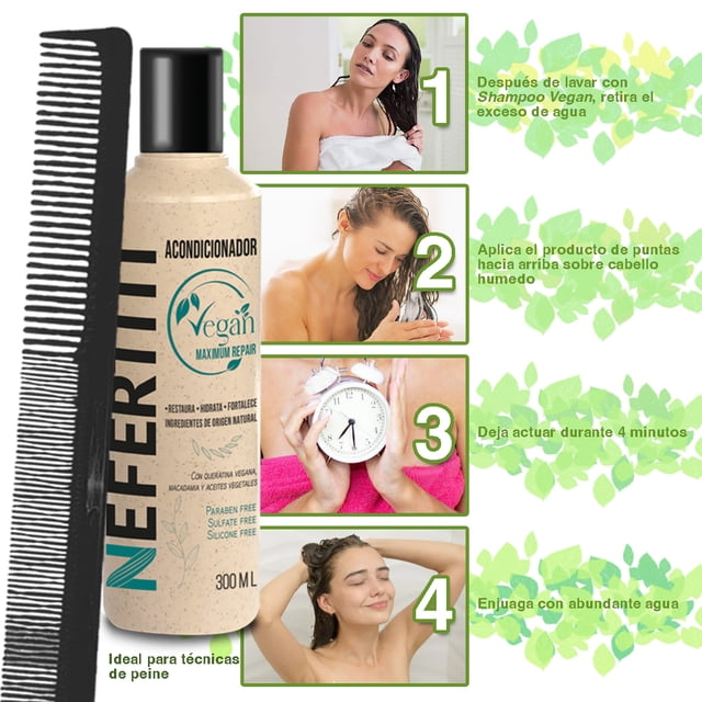 Acondicionador VEGAN Hidratante 300 ml Nefertiti + Peine Graduado Alfamar – Nutre, Suaviza y Mantiene el Alaciado Permanente