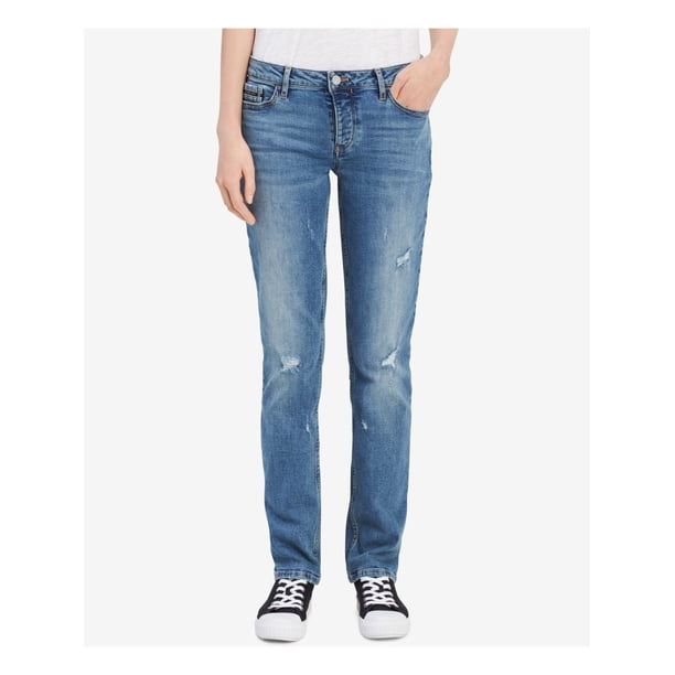 Calvin Klein - CALVIN KLEIN Womens Blue Distressed Straight leg Jeans Size: 29 Waist - Walmart 
