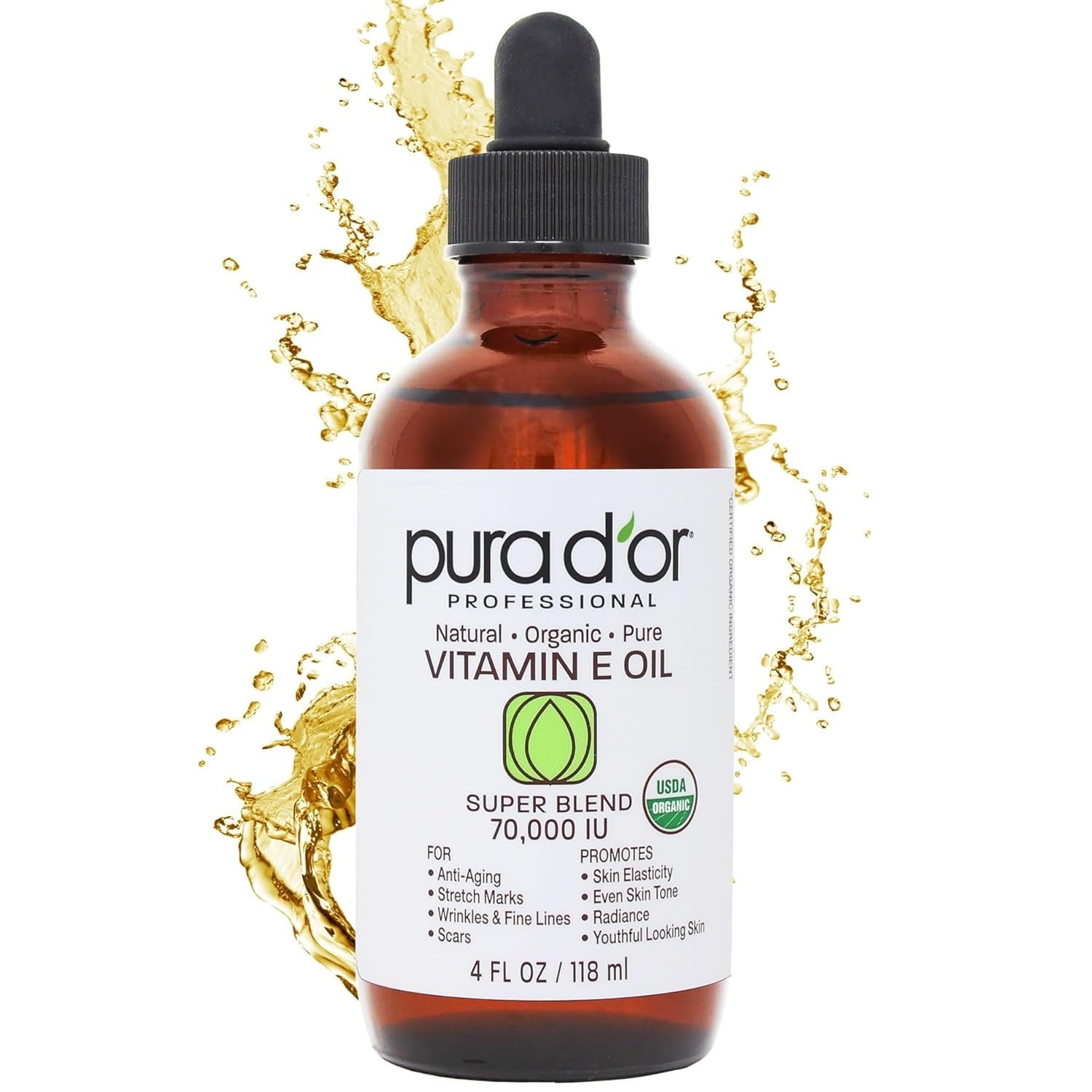 PURA D'OR ORGANIC Vitamin E Oil Blend 70,000 IU, 4 Fl Oz