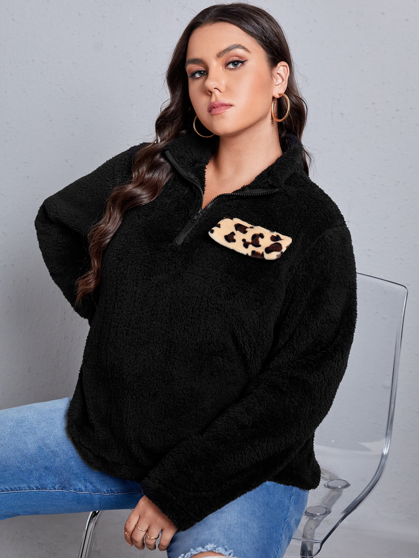 leopard panel half zip sweatshirt