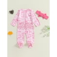 thumbnail image 5 of Elippeo Baby Girls Autumn Footed Jumpsuit 3 6 12 18 Months Long Sleeve Crew Neck Bow Print Oblique Zipper Romper with Headband, 5 of 8