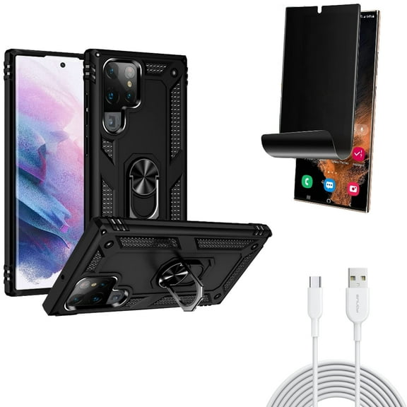 Privacy Screen Protector & Hybrid Case Cover & 6ft USB-C Cable for Samsung Galaxy S22 Ultra (6.8") - Combo TPU Film (Fingerprint) Anti-Peep & Metal Ring Kickstand & Type-C Fast Charger Cord