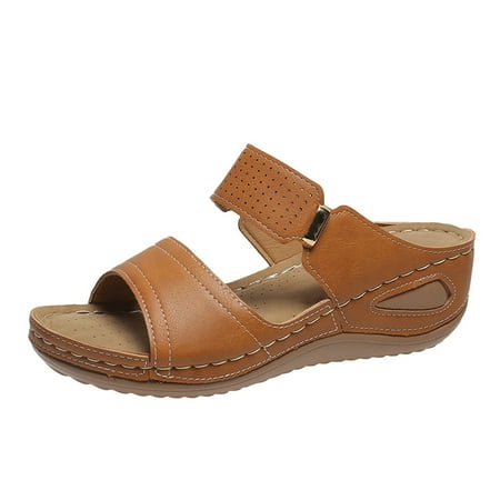 

Blphud Sandalias Jelly Sandals for Women Summer New Large Size Hollow Metal Decorated Fish Mouth Wear One Line Wedge Sandals House Sandal Brown 39