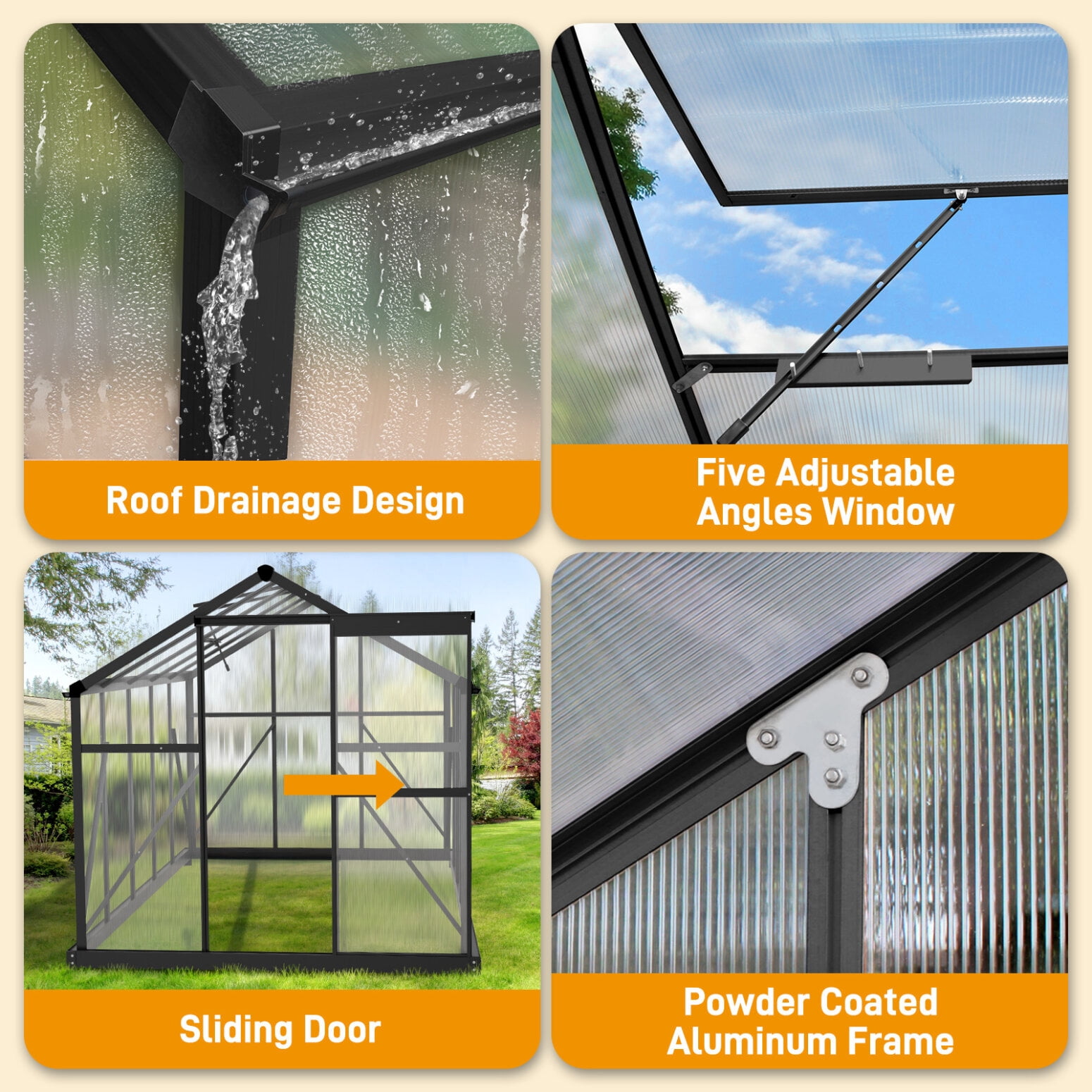 6x10 FT Greenhouse for Outdoors, Polycarbonate Greenhouse with Roof Vent and Sliding Door, Aluminum Large Walk-in Greenhouse for Outside Garden Backyard, Black