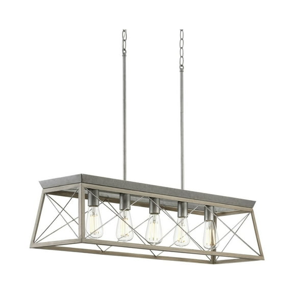 Briarwood Collection Five-Light Galvanized and Bleached Oak Farmhouse Style Linear Island Chandelier Light