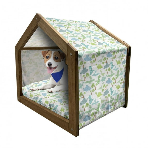 Velociraptor Pet House, Dinosaurs Cartoon Trex Themed Print, Outdoor & Indoor Portable Dog Kennel with Pillow and Cover, 5 Sizes, Multicolor, by Ambesonne