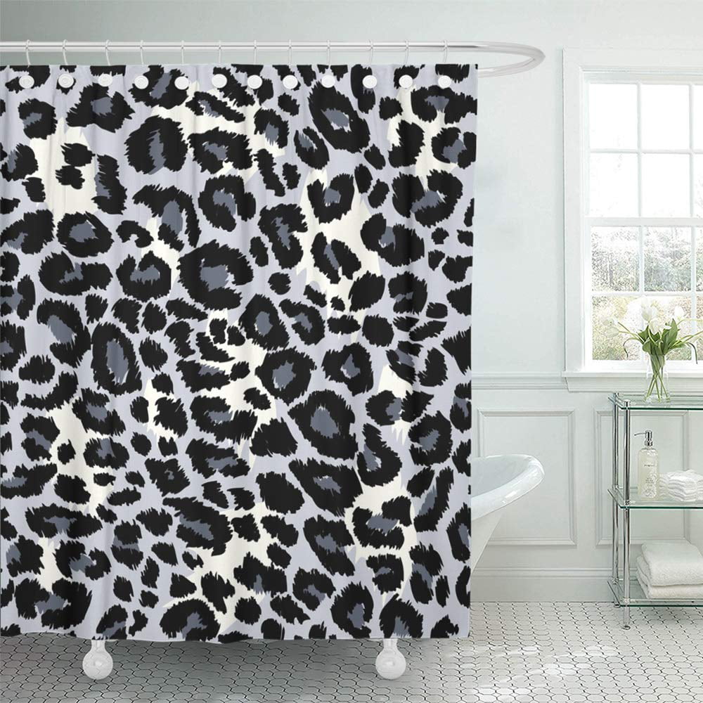 Wild Animal Snow Leopard Bathroom Shower Curtain Set Waterproof Fabric & 12 Hook 