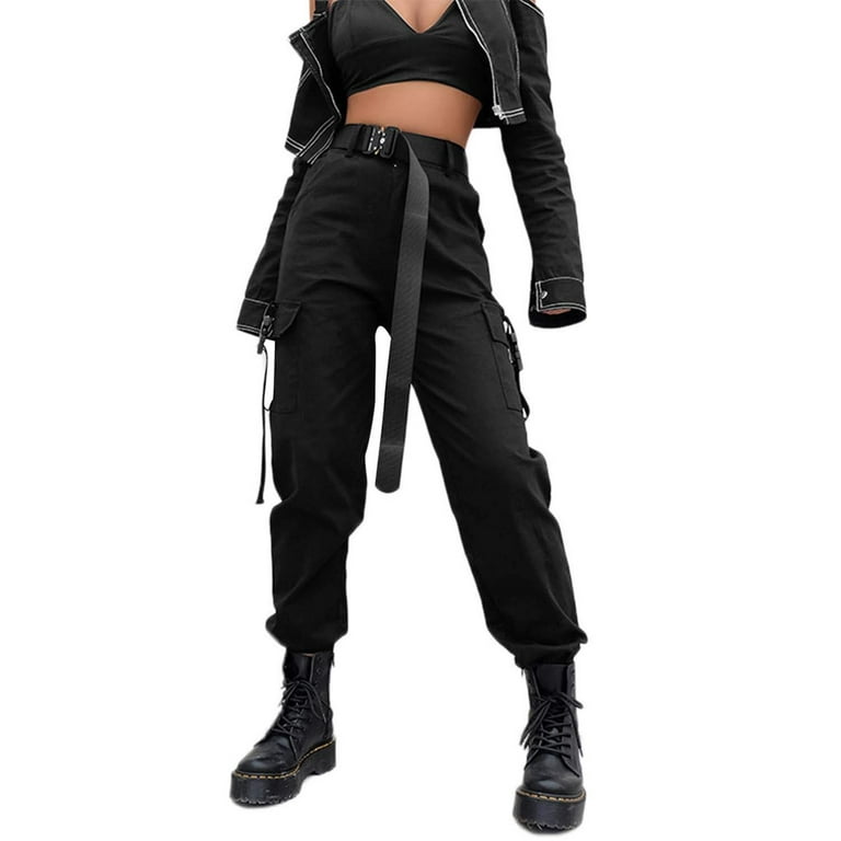 Women's Pant Womens High Waisted Cargo Pants Pockets Loose Combat Twill Trousers  Girls Black XXL 