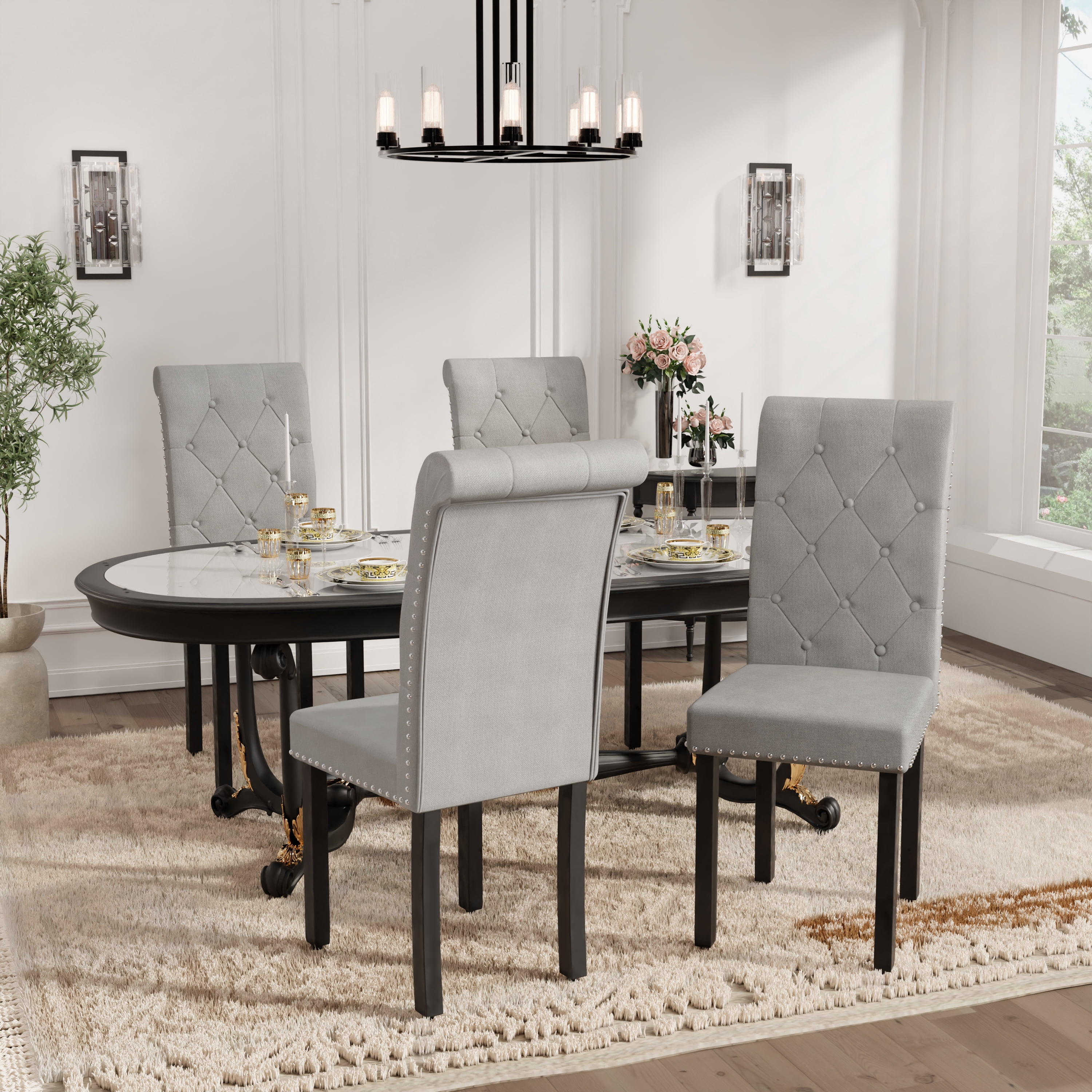 DONICK Rolled-Up High-Back Upholstered Dining Chairs With Tufted Solid Wood Legs Nailhead Trim For Home,Restaurant,Dining Room(Gray,Set of 6)