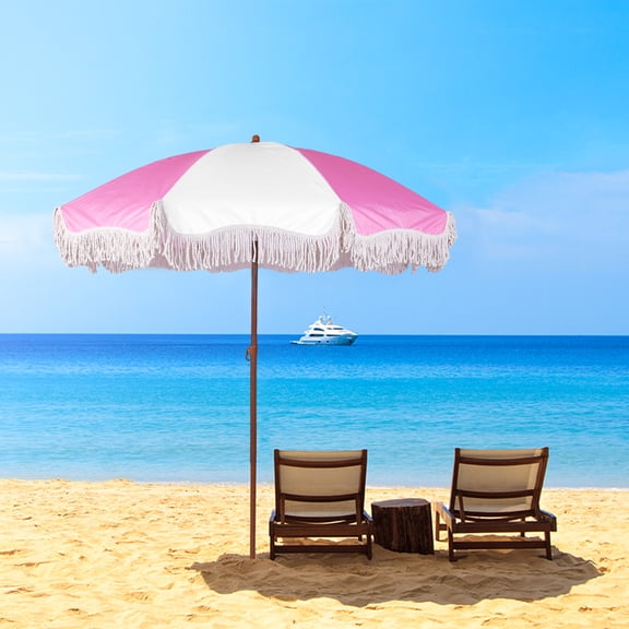 Qiyester Bohemian Style Beach Umbrella - Outdoor Striped Sunshade Tassel Beach Umbrella Pool Sunshade UPF50 Sun Protection Suitable for Gardens, Backyards, and Beaches,White Pink