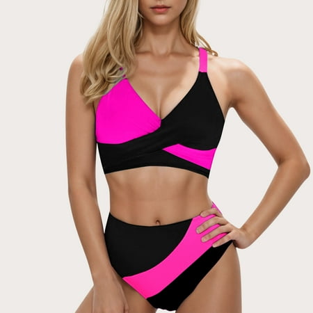 POROPL Swim Suits for Women Bikini Halter Top Swim Padded Color Block Swim Black Size S-XL