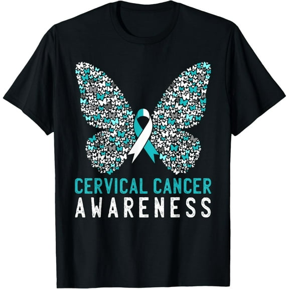 t-shirt Butterfly Cervical Cancer Awareness Month White Teal Ribbon t-shirt mens t shirt，black，women，funny，misfits，men，journey