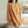 thumbnail image 5 of YUEHUA Women's Linen Blend Ruffle Trim Button Up Shirt, High Neck Long Sleeve Loose Fit Blouse, Vintage Style Casual Top, 5 of 7