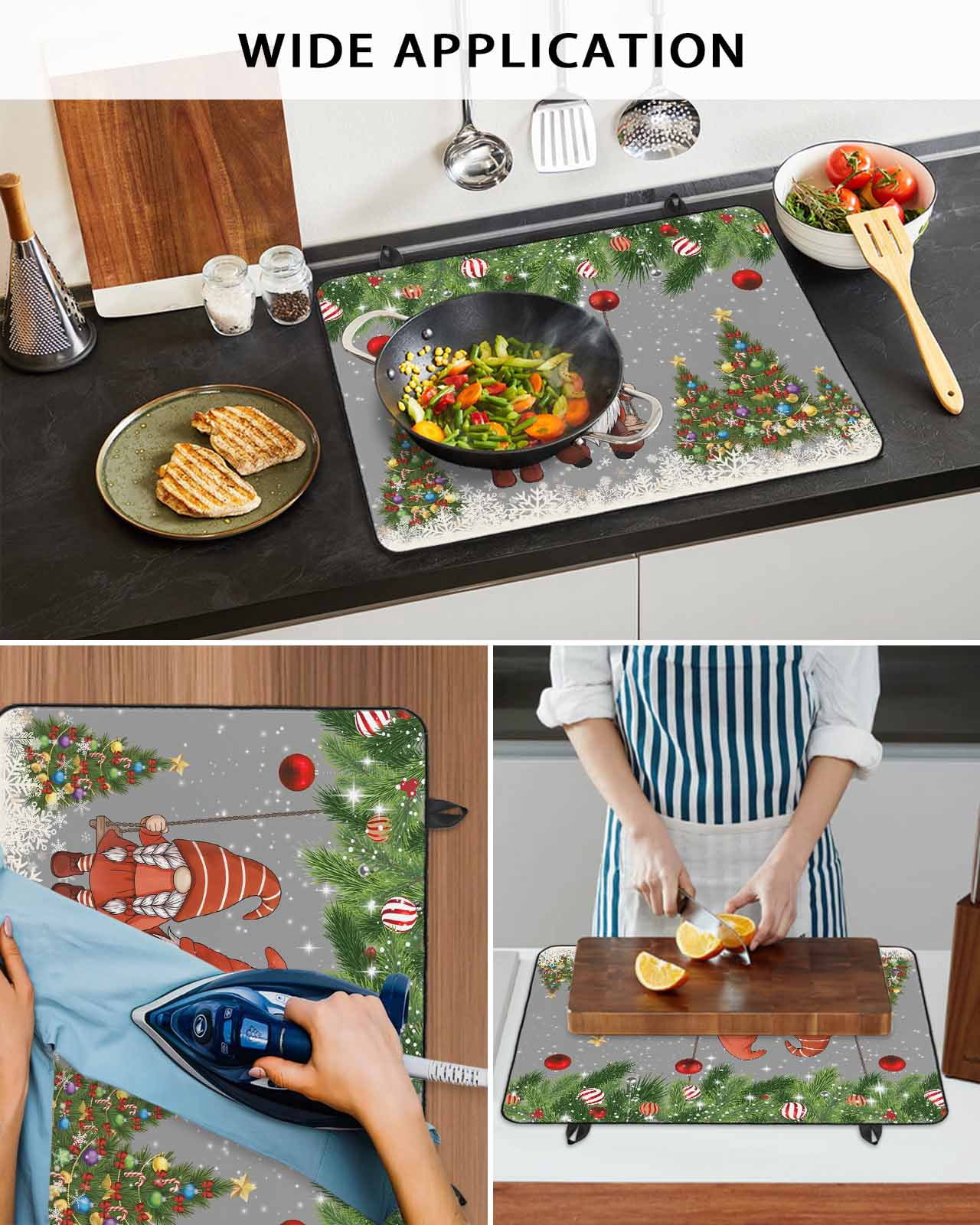 Large Induction Cooktop Protector Mat Grey Gnomes Christmas Stove Top Covers for Electric Stove, Xmas Tree Balls Snowflake Decorative Stove Burner Cover Mats, Glass Top Stove Cover