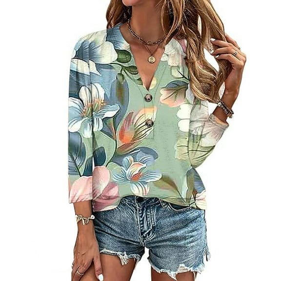 GaThRRgYP Spring Tops for Women,Blouse for Women Dressy Casual,Women's Casual Fashion Loose V-neck Button Print Seven-quarter Sleeve Top White S