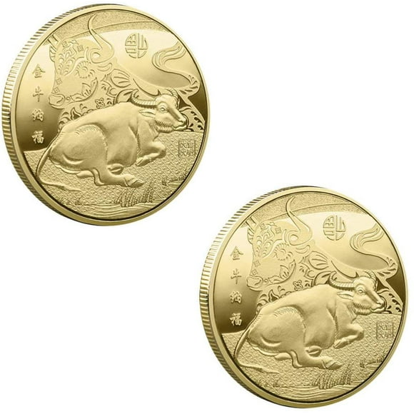 HTOOQ 2pcs 2021 Year of Ox Commemorative Coin Chinese Zodiac Souvenir Coin 2021 Art Lucky Gift Collection Coin for Wealth and Success Gold - -