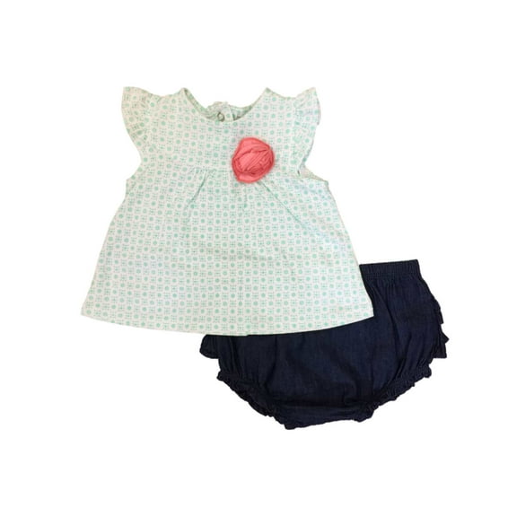 Infant Girls Baby Outfit White & Green Flower Shirt & Denim Bloomers Set