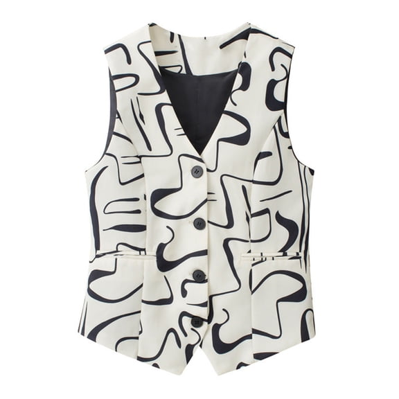 VISALY Sleeveless Button Down Vest for Women V Neck Loose Casual Waistcoat with Pockets Polka Dot Printed Layering Outerwear Loose Business Dressy Casual Work Office Waistcoat Blazer Vest Beige L
