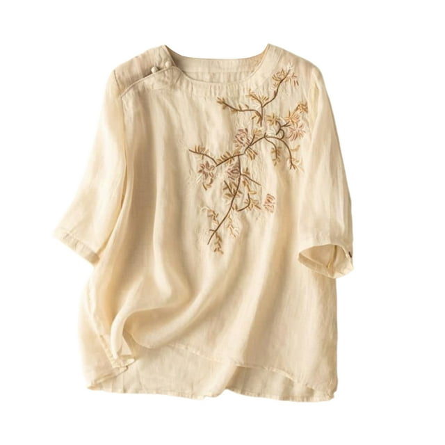 Mujeres Manga Corta de Verano Tops Color Sólido Encaje Coser Cuello de la Tripulación Casual Top, Blusa de Tela Suave Flexible, Lavado a Mano Primavera Verano