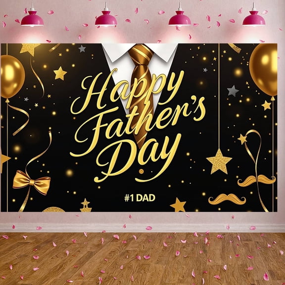 Black & Gold Happy Father's Day Banner Gold Glitter #1 Dad Backdrop Sparkly Texture Luxury Father's Day Display for Father's Day Party Home Celebration Family Reunion