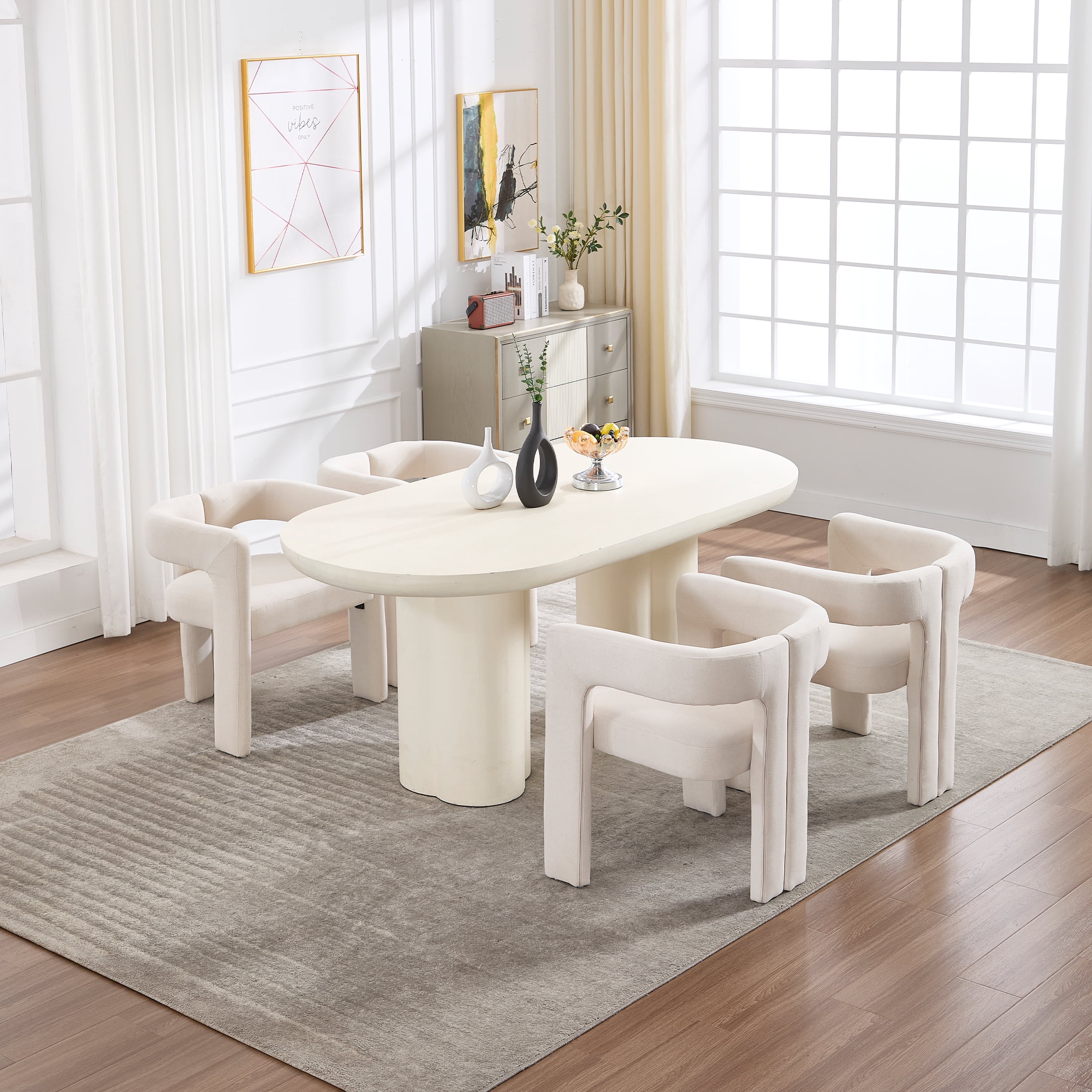 Guyou Modern Boucle Dining Chair Set of 2, Linen Upholstered Barrel Chair, Comfy Armchair with Open Backrest, Vanity Side Chair Accent Chair for Living Room Bedroom Dining Room, Beige
