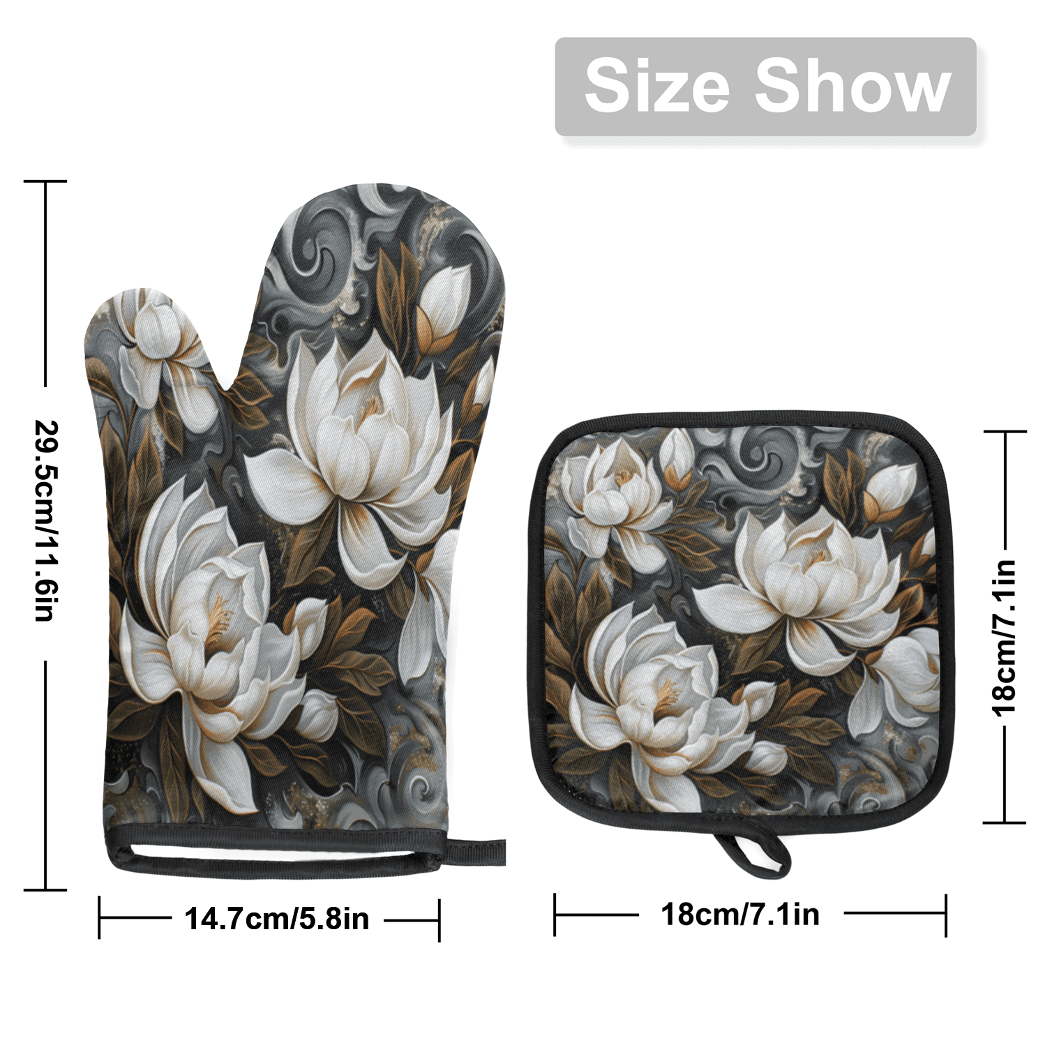 CURLYOOT Magnolia Flowers Print Oven Mitts and Pot Holders Sets of 2, Non-Slip Washable Hot Pads and Oven Gloves for Kitchen Cooking Baking