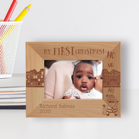 My First Christmas Ho Ho Ho Personalized Wooden Frame-5" x 3 1/2" Brown Horizontal