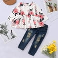 thumbnail image 3 of 18 Months Baby Girl Fall-Winter Outfits Pants Sets 24 Months Long Sleeve Floral Prints Tops Elastic Denim Pants 2PCS Set White, 3 of 8