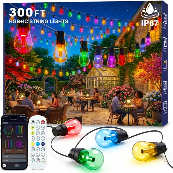 300FT RGB IC Outdoor String Lights, Outside Light Dimmable Shatterproof LED Bulbs, IP67 Waterproof Chasing Effect Lighting DreamColor Patio Strip Lights for Backyard, Balcony, Outdoor Living